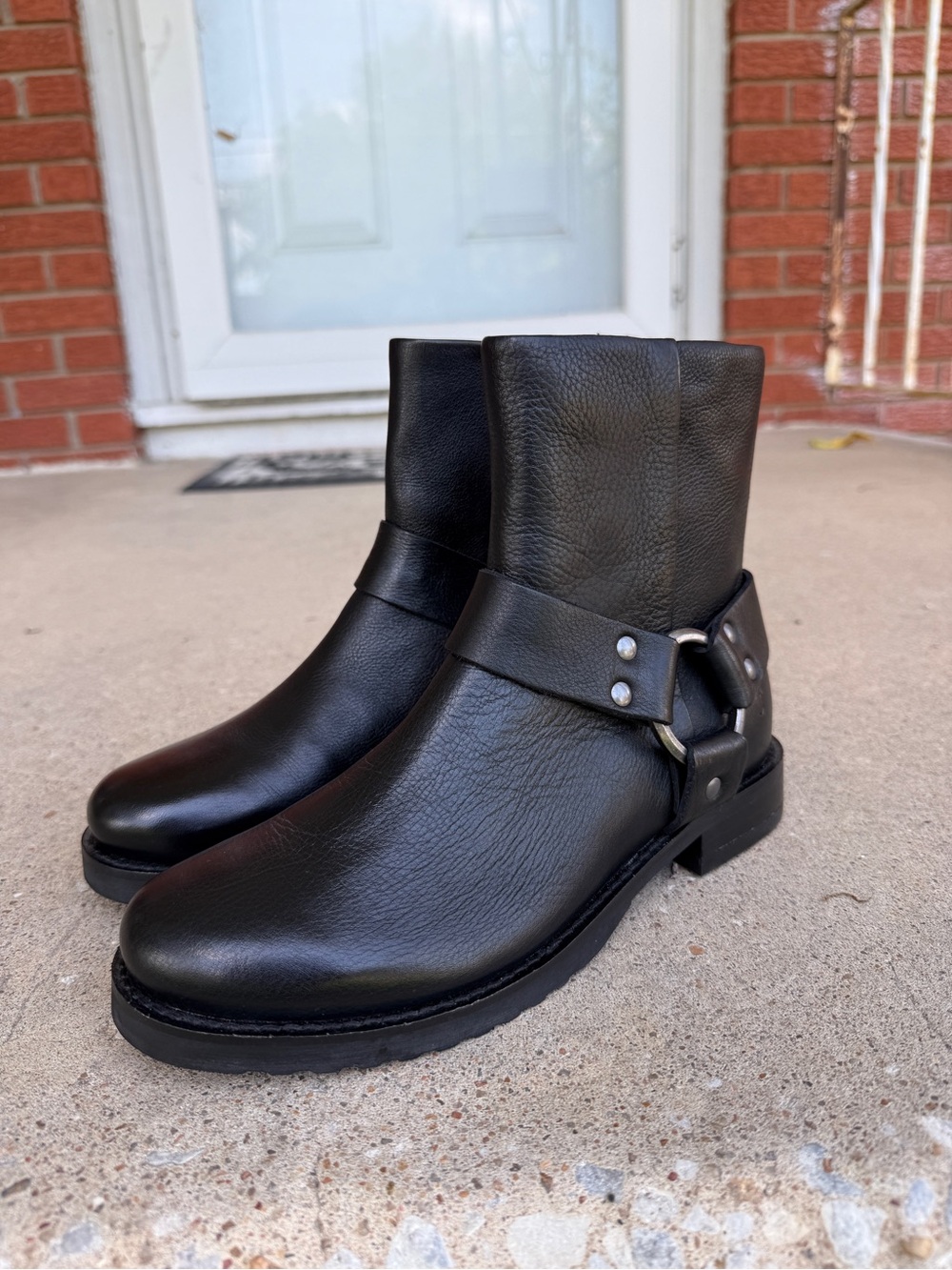 Frye Black Leather Harness Ankle Boots